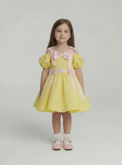 Girls' Yellow Cold-Shoulder Party Dress with Pink Bow and Ribbon Accents