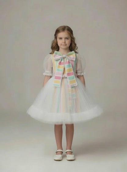Girls’ Pastel Rainbow Striped Tulle Party Dress